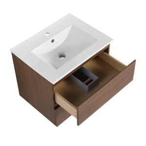 English Elm 24" Wall-Mounted Bathroom Vanity With Ceramic Sink, Soft-Close Drawers, Perfect For Small Spaces W999S00164