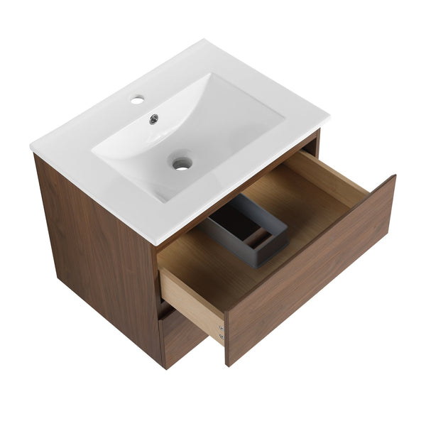 English Elm 24" Wall-Mounted Bathroom Vanity With Ceramic Sink, Soft-Close Drawers, Perfect For Small Spaces W999S00164