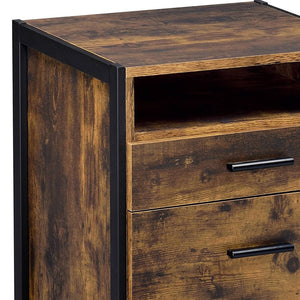 English Elm Rustic Oak and Black 2-Drawer Nightstand with Open Shelf, Metal Cube Legs, Modern Farmhouse Storage B062P181319