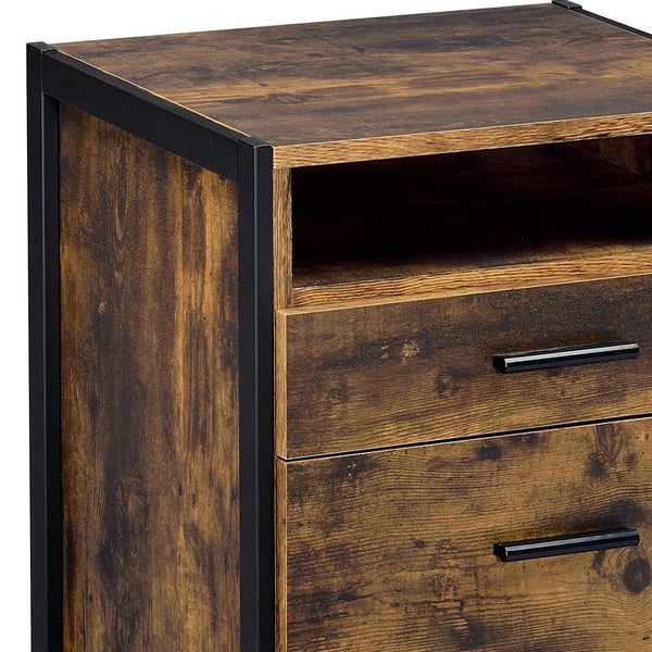 English Elm Rustic Oak and Black 2-Drawer Nightstand with Open Shelf, Metal Cube Legs, Modern Farmhouse Storage B062P181319