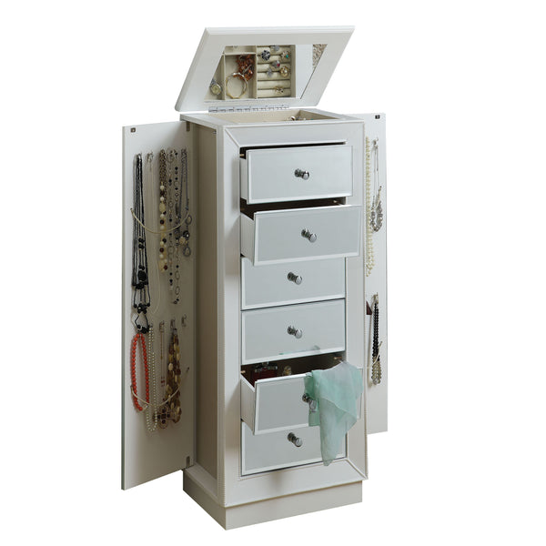 English Elm White 6-Drawer Jewelry Armoire with Mirror, Felt-Lined Compartments & Necklace Hooks for Elegant Storage B062P181346