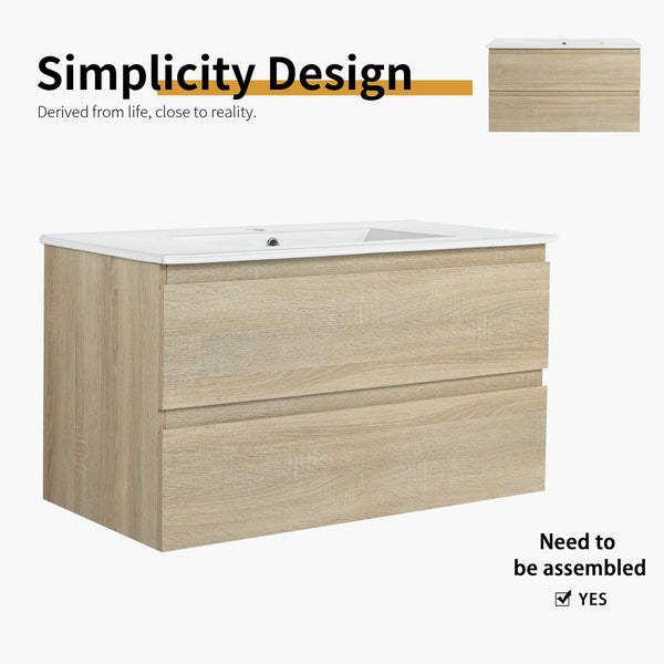 English Elm 36" Wall-Mounted Bathroom Vanity With Ceramic Sink & 2 Soft-Close Drawers For Modern Spaces W999S00169