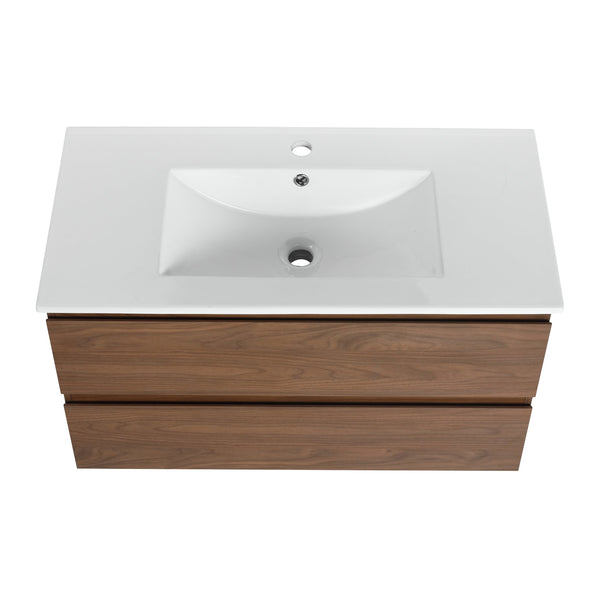 English Elm 36" Wall-Mounted Vanity With Ceramic Sink & 2 Soft-Close Drawers – Modern Space-Saving Design! W999S00166