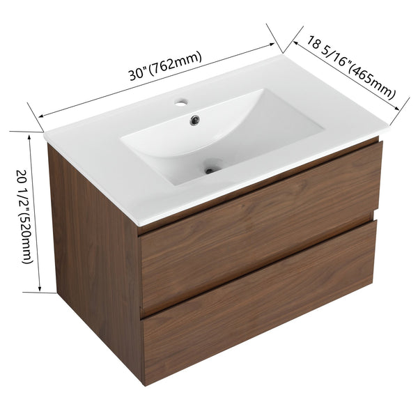 English Elm 30" Wall-Mounted Bathroom Vanity With Ceramic Sink, Soft-Close Drawers, Eco-Friendly Design & Style W999S00165