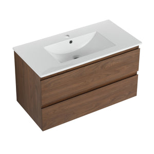 English Elm 36" Wall-Mounted Vanity With Ceramic Sink & 2 Soft-Close Drawers – Modern Space-Saving Design! W999S00166
