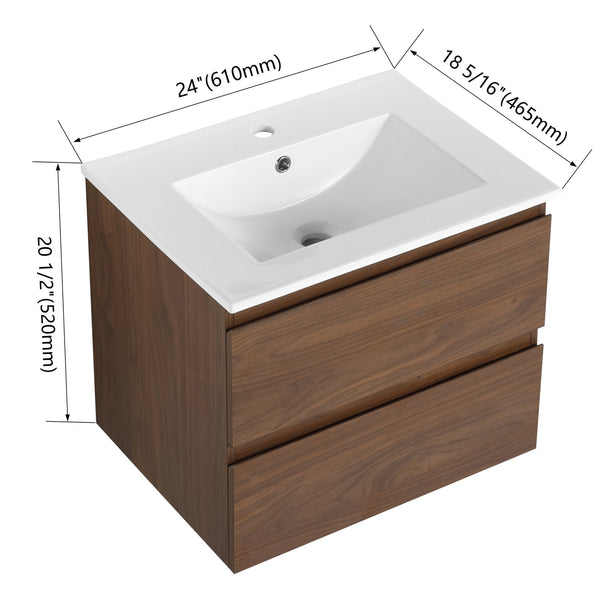 English Elm 24" Wall-Mounted Bathroom Vanity With Ceramic Sink, Soft-Close Drawers, Perfect For Small Spaces W999S00164
