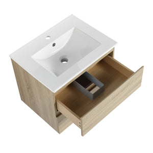English Elm 24" Modern Wall-Mounted Bathroom Vanity With Ceramic Sink & Soft-Close Drawers For Compact Spaces W999S00167