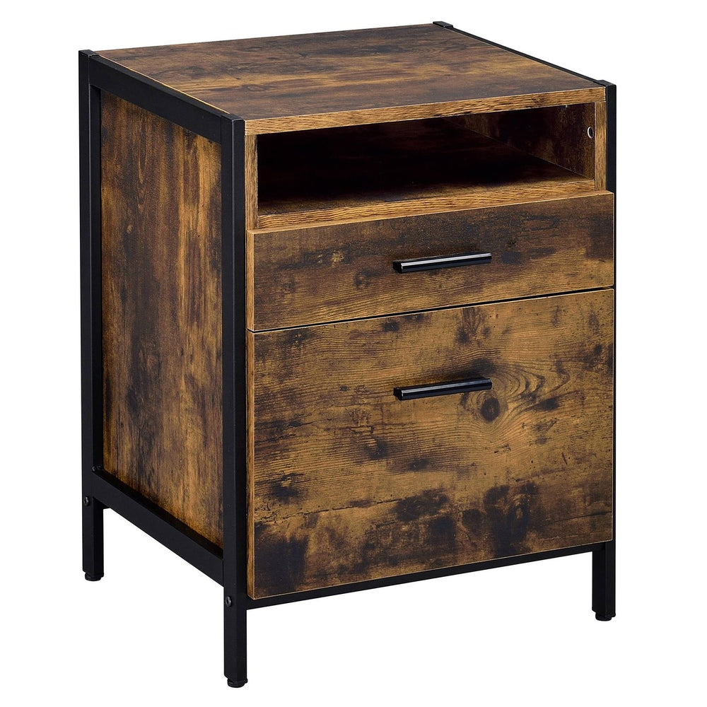 English Elm Rustic Oak and Black 2-Drawer Nightstand with Open Shelf, Metal Cube Legs, Modern Farmhouse Storage B062P181319