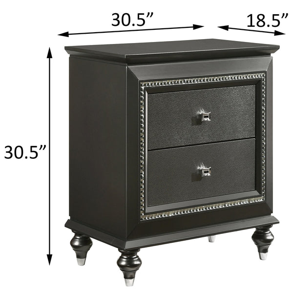English Elm Metallic Grey Nightstand with Crystal Trim, 2 Spacious Drawers, Safety Stops, Glam Transitional Style B062P181327