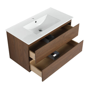 English Elm 36" Wall-Mounted Vanity With Ceramic Sink & 2 Soft-Close Drawers – Modern Space-Saving Design! W999S00166