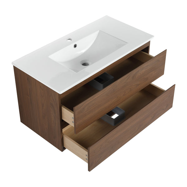 English Elm 36" Wall-Mounted Vanity With Ceramic Sink & 2 Soft-Close Drawers – Modern Space-Saving Design! W999S00166