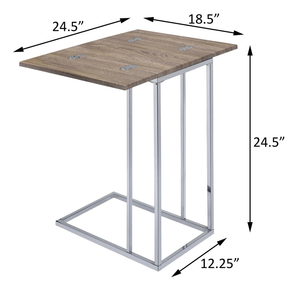 English Elm Weathered Oak Side Table With Chrome Base - Stylish, Adjustable, Compact Accent Table For Any Space B062P181354-GIGA