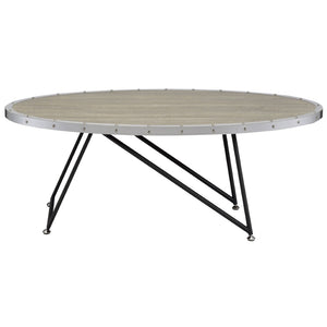 English Elm Weathered Grey Oak Oval Coffee Table - Industrial Style With Black Asymmetrical Legs For Modern Living B062P181352-GIGA