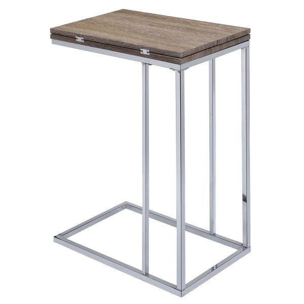 English Elm Weathered Oak Side Table With Chrome Base - Stylish, Adjustable, Compact Accent Table For Any Space B062P181354-GIGA