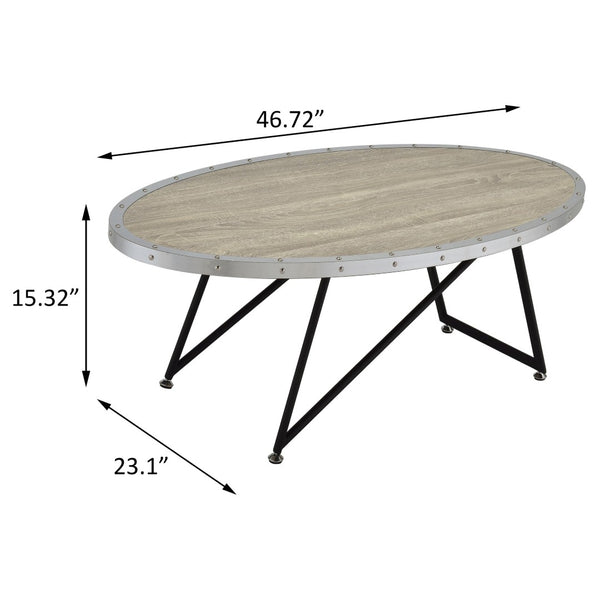 English Elm Weathered Grey Oak Oval Coffee Table - Industrial Style With Black Asymmetrical Legs For Modern Living B062P181352-GIGA