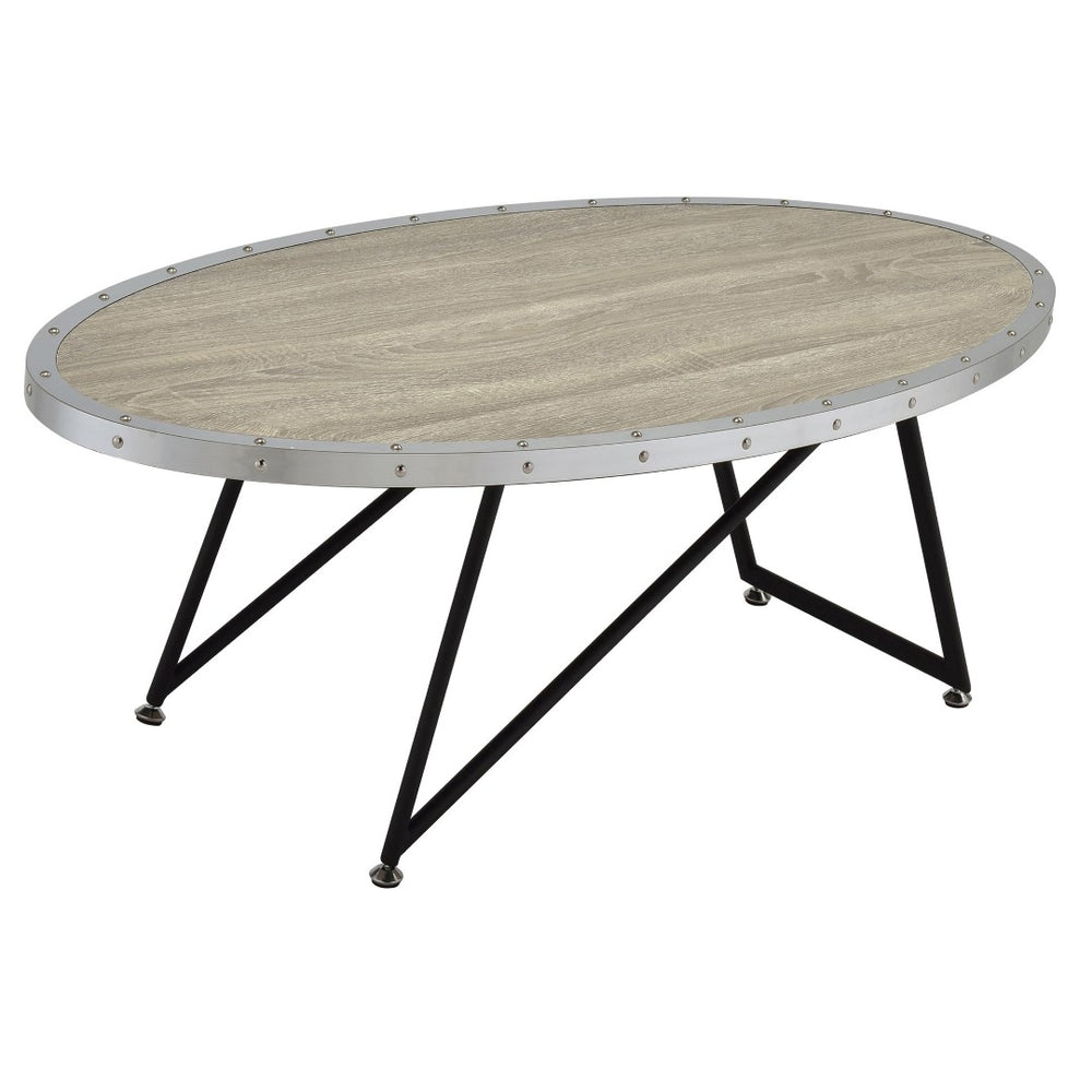 English Elm Weathered Grey Oak Oval Coffee Table - Industrial Style With Black Asymmetrical Legs For Modern Living B062P181352-GIGA