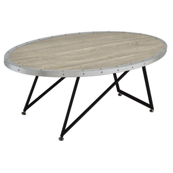 English Elm Weathered Grey Oak Oval Coffee Table - Industrial Style With Black Asymmetrical Legs For Modern Living B062P181352-GIGA