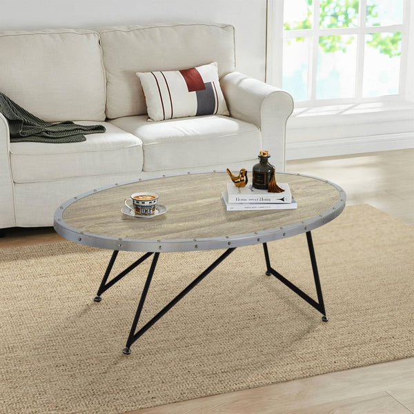 English Elm Weathered Grey Oak Oval Coffee Table - Industrial Style With Black Asymmetrical Legs For Modern Living B062P181352-GIGA
