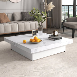 English Elm Square Marble Veneer Coffee Table with Sliding Top Hidden Storage Pedestal Base White N735P388120K