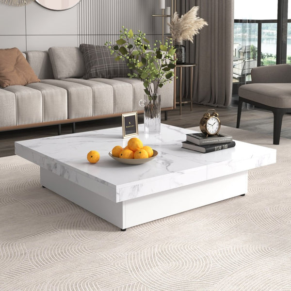 English Elm Square Marble Veneer Coffee Table with Sliding Top Hidden Storage Pedestal Base White N735P388120K