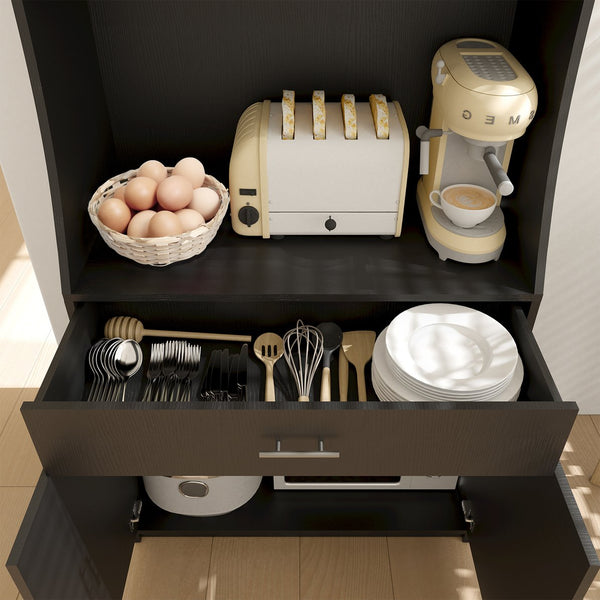 English Elm 71" Kitchen Storage Cabinet with Charging Station, Black MDF Pantry, Anti-Tip, Drawer & Countertop W2227P160486