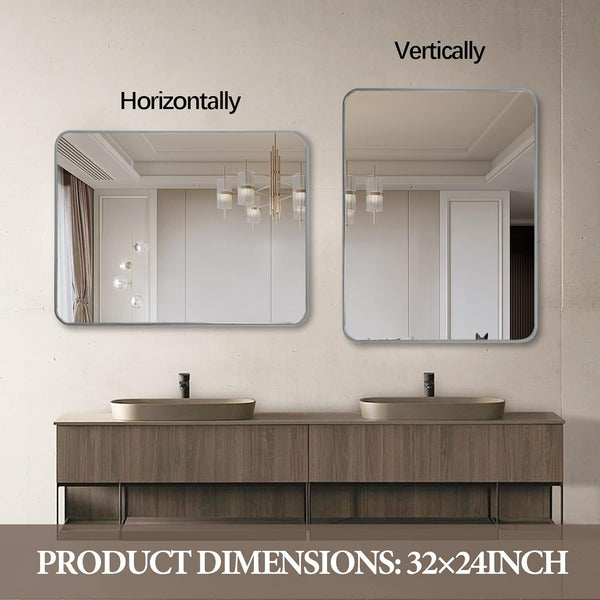 English Elm 24X32 Inch Sleek Silver Metal Framed Bathroom Mirror - High-Definition Glass, Safe Installation & Modern Style W2203P302685