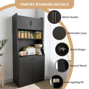 English Elm 71" Kitchen Storage Cabinet with Charging Station, Black MDF Pantry, Anti-Tip, Drawer & Countertop W2227P160486