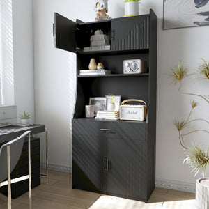 English Elm 71" Kitchen Storage Cabinet with Charging Station, Black MDF Pantry, Anti-Tip, Drawer & Countertop W2227P160486