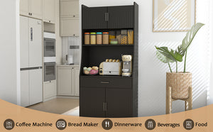 English Elm 71" Kitchen Storage Cabinet with Charging Station, Black MDF Pantry, Anti-Tip, Drawer & Countertop W2227P160486