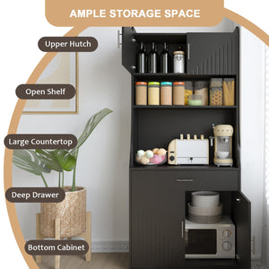 English Elm 71" Kitchen Storage Cabinet with Charging Station, Black MDF Pantry, Anti-Tip, Drawer & Countertop W2227P160486