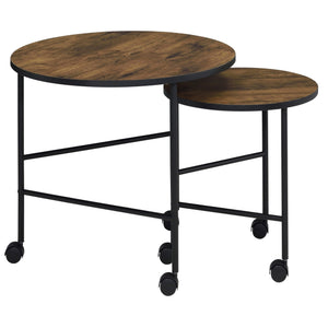 English Elm Vintage Oak and Black Nesting Tables Set — Rustic Industrial 2-Piece Round Top Side Tables on Casters, Space-Saving Elegance and Mobilitymates B062P181388