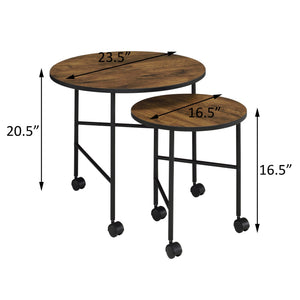 English Elm Vintage Oak and Black Nesting Tables Set — Rustic Industrial 2-Piece Round Top Side Tables on Casters, Space-Saving Elegance and Mobilitymates B062P181388