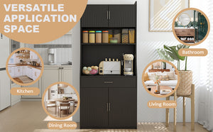 English Elm 71" Kitchen Storage Cabinet with Charging Station, Black MDF Pantry, Anti-Tip, Drawer & Countertop W2227P160486
