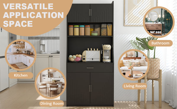 English Elm 71" Kitchen Storage Cabinet with Charging Station, Black MDF Pantry, Anti-Tip, Drawer & Countertop W2227P160486
