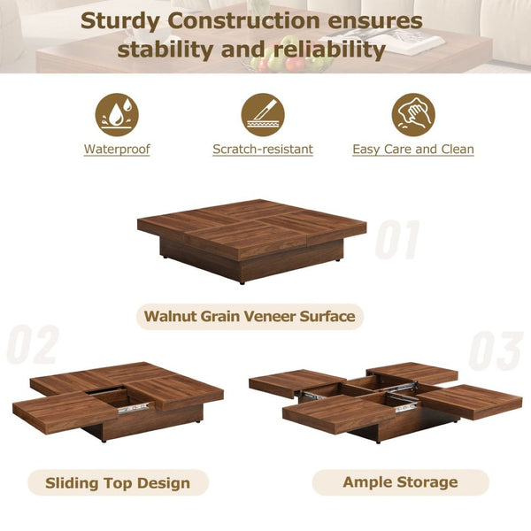 English Elm Square Marble Veneer Coffee Table with Sliding Top Hidden Storage Pedestal Base N735P388120D