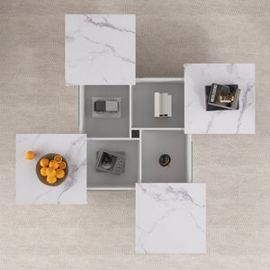 English Elm Square Marble Veneer Coffee Table with Sliding Top Hidden Storage Pedestal Base White N735P388120K