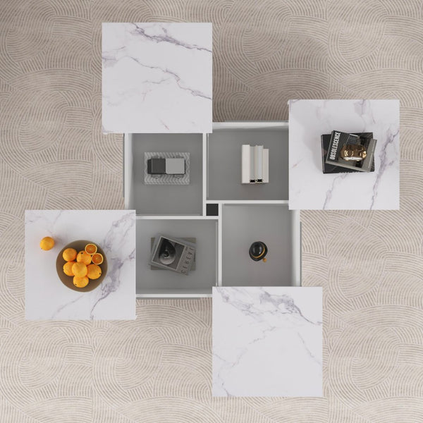 English Elm Square Marble Veneer Coffee Table with Sliding Top Hidden Storage Pedestal Base White N735P388120K