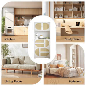 English Elm Storage Cabinet with Rattan Doors and Built-In Outlet, Tall Freestanding Hutch with Spacious Countertop and 4 Drawers W2227P160487