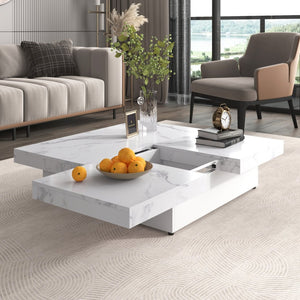 English Elm Square Marble Veneer Coffee Table with Sliding Top Hidden Storage Pedestal Base White N735P388120K