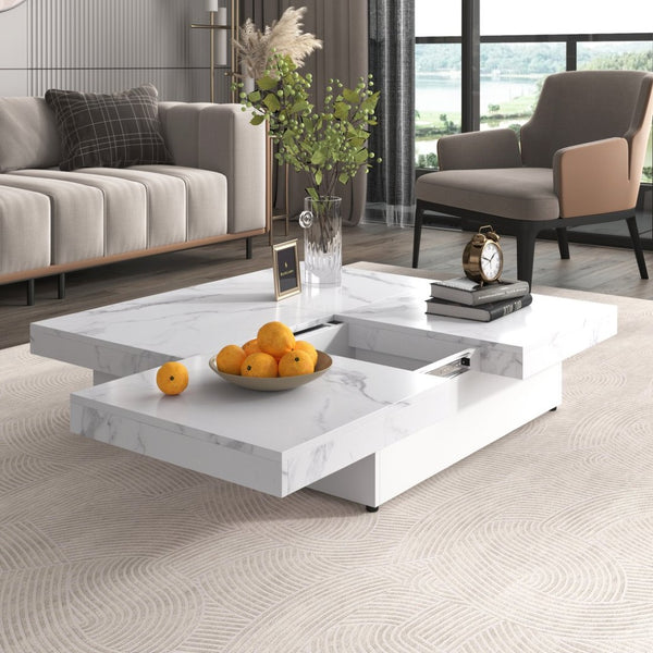English Elm Square Marble Veneer Coffee Table with Sliding Top Hidden Storage Pedestal Base White N735P388120K