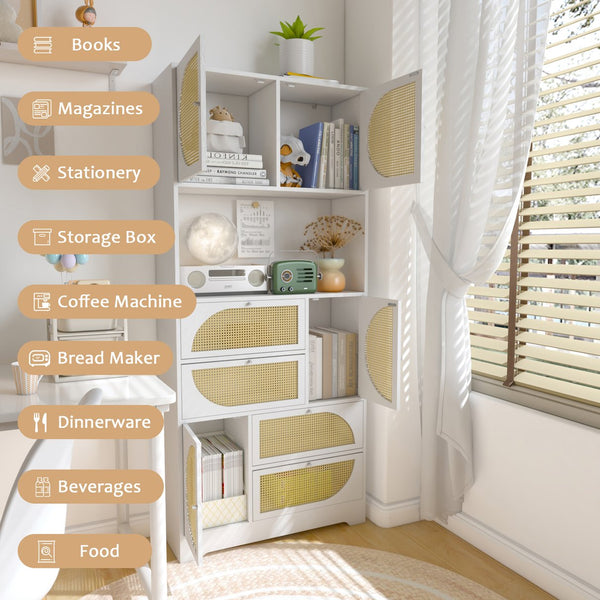 English Elm Storage Cabinet with Rattan Doors and Built-In Outlet, Tall Freestanding Hutch with Spacious Countertop and 4 Drawers W2227P160487