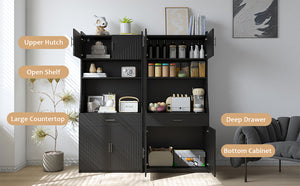 English Elm 71" Kitchen Storage Cabinet with Charging Station, Black MDF Pantry, Anti-Tip, Drawer & Countertop W2227P160486