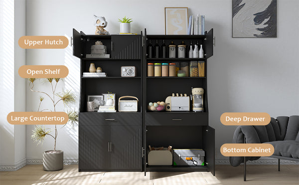 English Elm 71" Kitchen Storage Cabinet with Charging Station, Black MDF Pantry, Anti-Tip, Drawer & Countertop W2227P160486