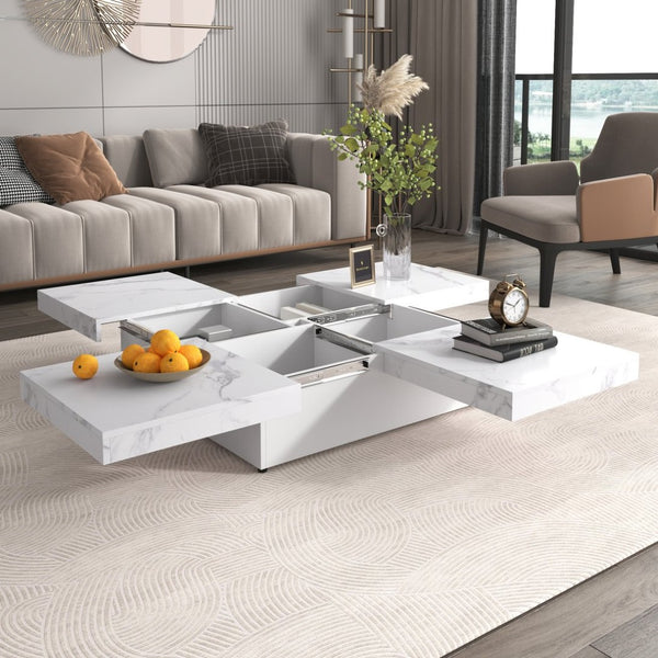 English Elm Square Marble Veneer Coffee Table with Sliding Top Hidden Storage Pedestal Base White N735P388120K