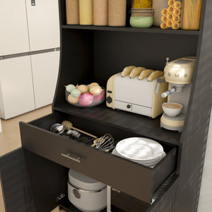 English Elm 71" Kitchen Storage Cabinet with Charging Station, Black MDF Pantry, Anti-Tip, Drawer & Countertop W2227P160486