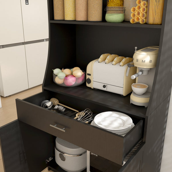 English Elm 71" Kitchen Storage Cabinet with Charging Station, Black MDF Pantry, Anti-Tip, Drawer & Countertop W2227P160486