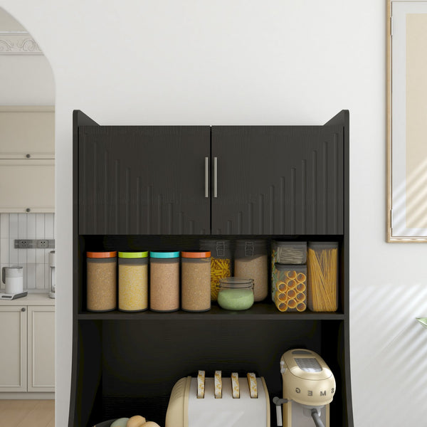 English Elm 71" Kitchen Storage Cabinet with Charging Station, Black MDF Pantry, Anti-Tip, Drawer & Countertop W2227P160486