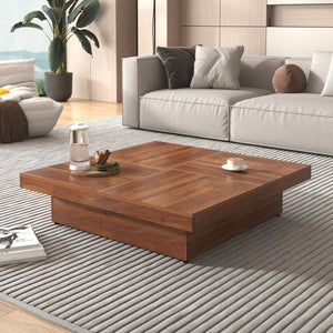 English Elm Square Marble Veneer Coffee Table with Sliding Top Hidden Storage Pedestal Base N735P388120D