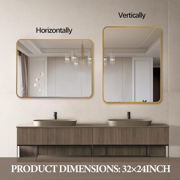 English Elm 24X32 Inch Gold Metal Framed Bathroom Mirror – Modern Elegance, Shatterproof, Easy Mounting, Durable Design W2203P302680