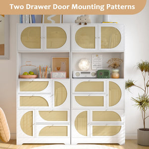 English Elm Storage Cabinet with Rattan Doors and Built-In Outlet, Tall Freestanding Hutch with Spacious Countertop and 4 Drawers W2227P160487